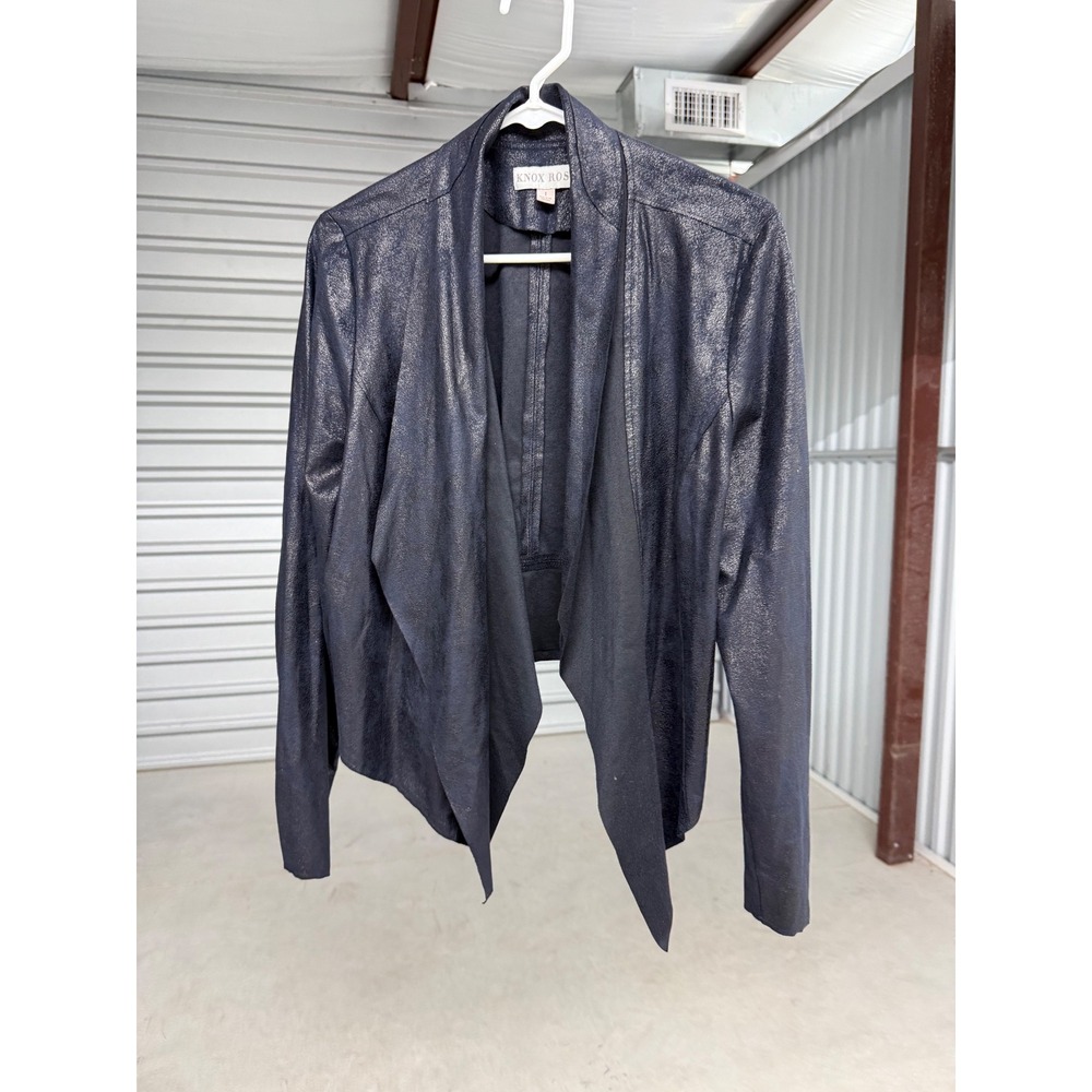 Knox Rose Navy Blue Metallic Shimmer Draped Open Front Waterfall Jacket Size L